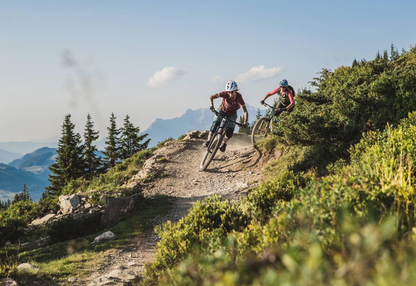 Mountainbiker fahren den Hacklberg Trail runter in Österreich
